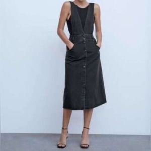 Zara Denim Pinafore Button Up Dress Black Size XS
